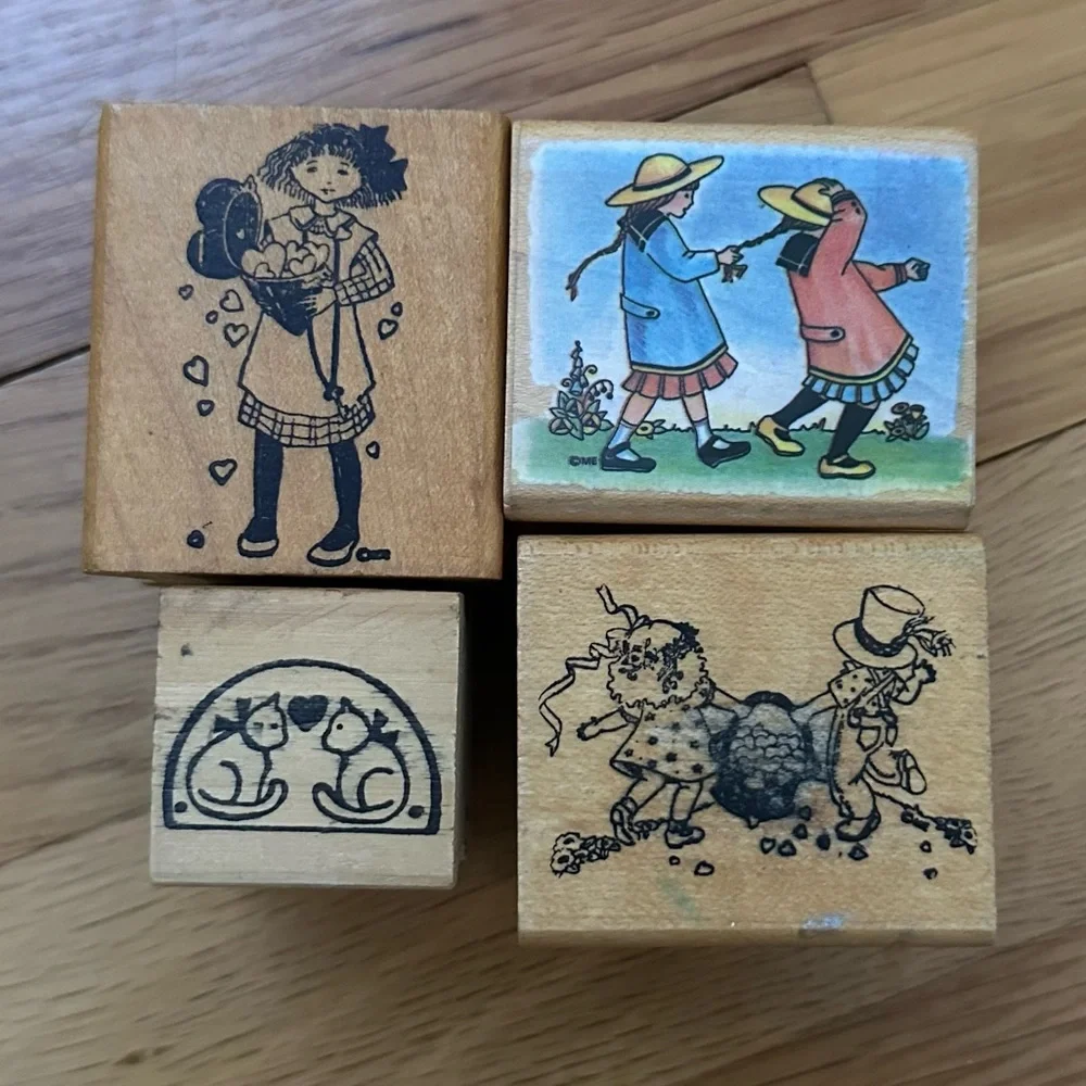 4 Vintage Wooden Rubber Stamps, Retro perfect for crafts, art, card making